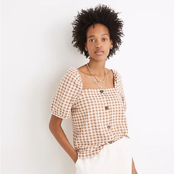 Madewell jacquard gingham square neck puff sleeve button up top - Picture 8 of 8
